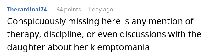Comment text on a white background discussing therapy, discipline, and a daughter's kleptomania in a relationship conflict scenario.