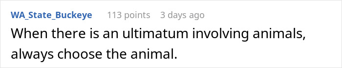 Text comment about choosing animals during ultimatums, highlighting relationship conflict over cat gift from another man. Text comment about choosing animals during ultimatums, highlighting relationship conflict over cat gift from another man.