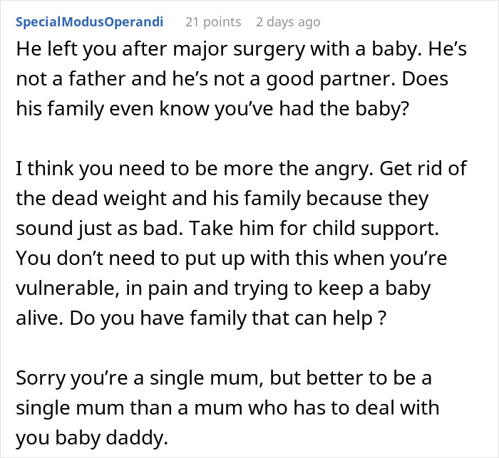 Screenshot of an online comment discussing a dad leaving while an exhausted mom battles stitches, sleepless nights, and fever. Screenshot of an online comment discussing a dad leaving while an exhausted mom battles stitches, sleepless nights, and fever.