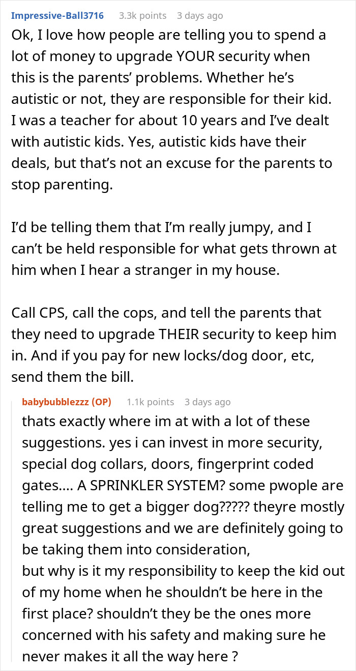 Comments discussing woman catching neighbor&rsquo;s son in her home and parents&rsquo; casual reaction to security concerns.