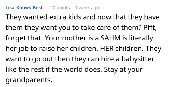 Comment discussing parents obsessed with having kids forcing older son to babysit siblings and his refusal.