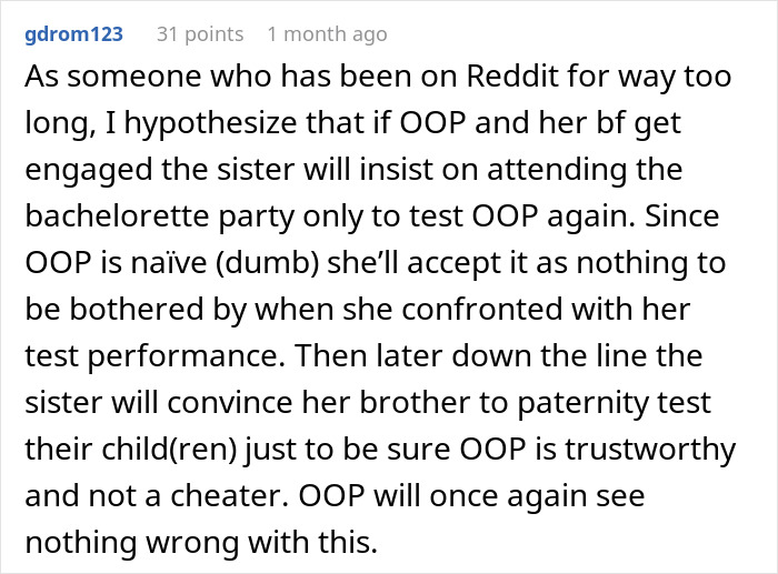 Screenshot of a Reddit comment discussing a girlfriend confused after boyfriend&rsquo;s sister hits on her as a test.