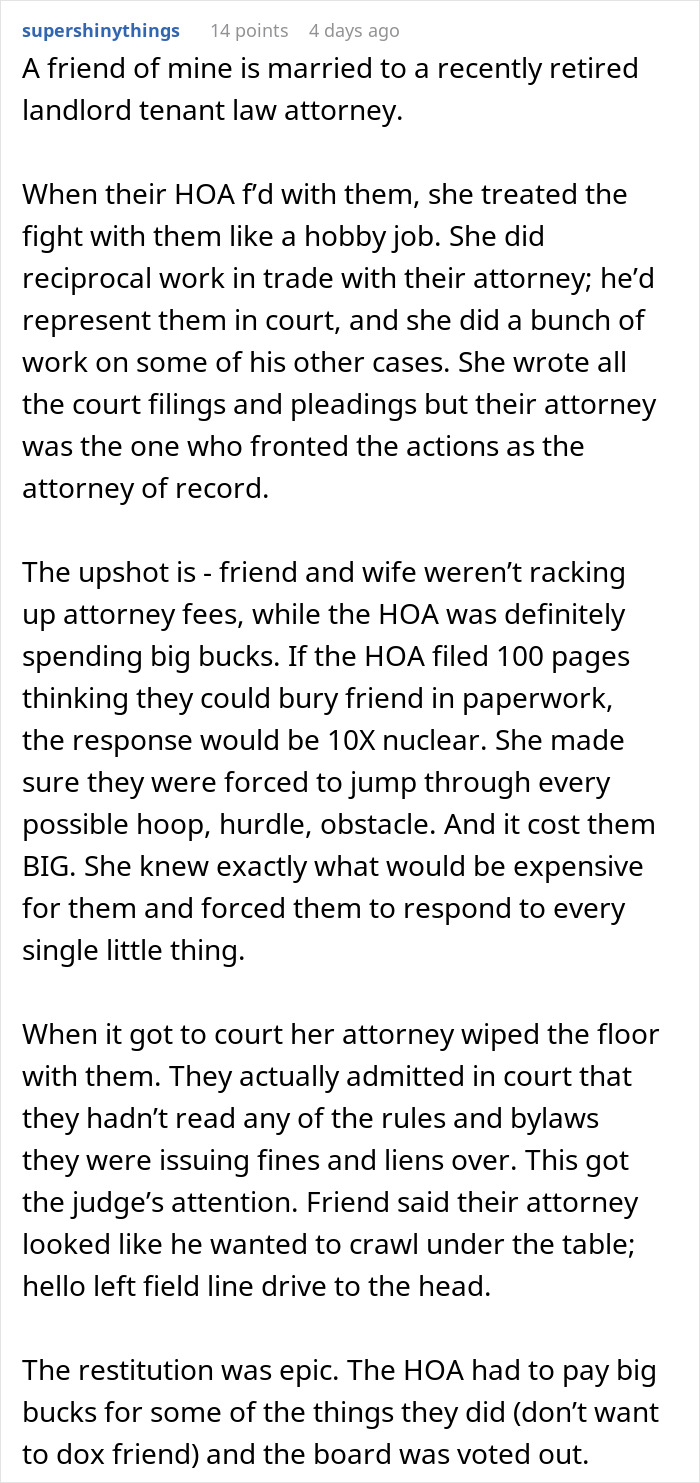 Attorney fights petty HOA with strategic legal follow ups, forcing costly responses and winning courtroom battle.
