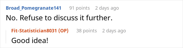 Reddit comments showing a user refusing to discuss a family demand for money amid a dispute over a sister&rsquo;s needs.