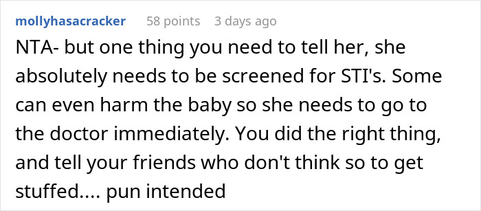Screenshot of an online comment advising a pregnant woman to get screened for STIs after friends watched Bonnie Blue&rsquo;s documentary.