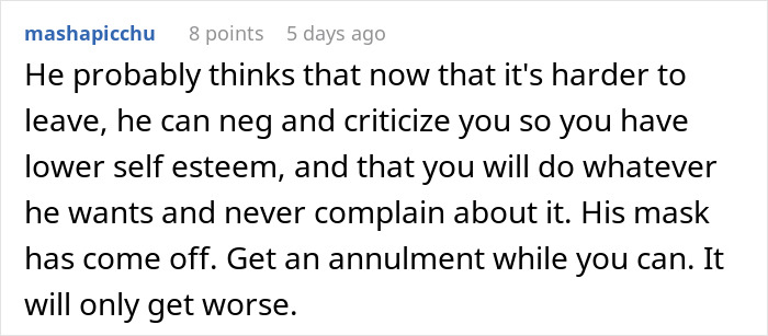 Comment about a woman saying her husband has become a different person since their wedding, advising to consider annulment.