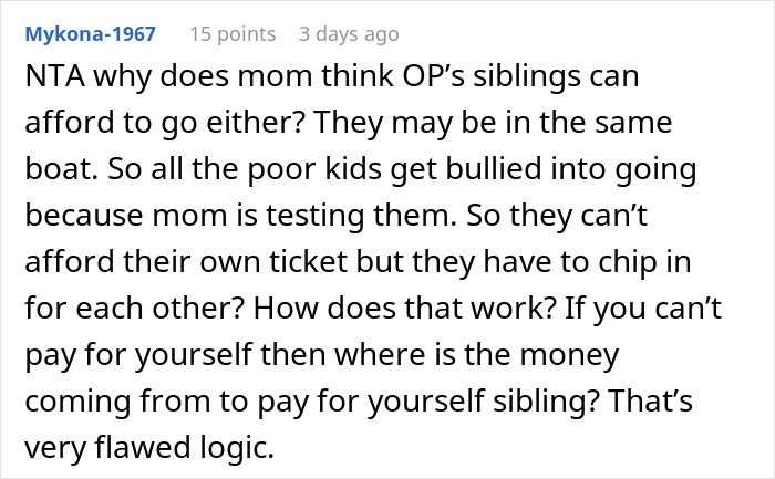 Reddit comment discussing a woman refusing to go on Christmas gift trip if siblings must pay for her flight.