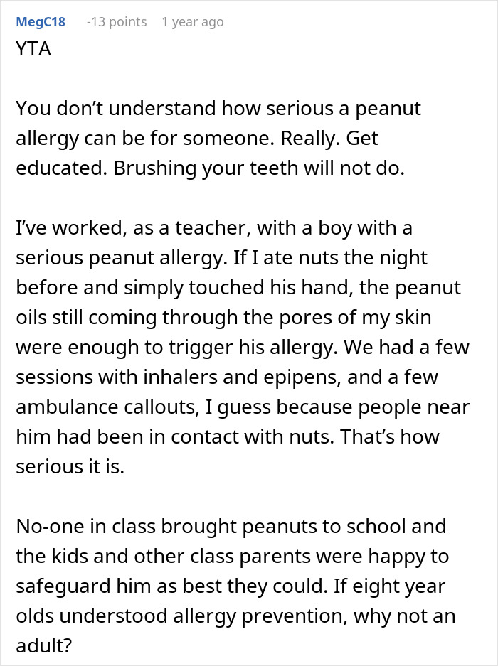 Comment explaining the seriousness of a peanut allergy and the impact of peanut oils triggering allergic reactions.