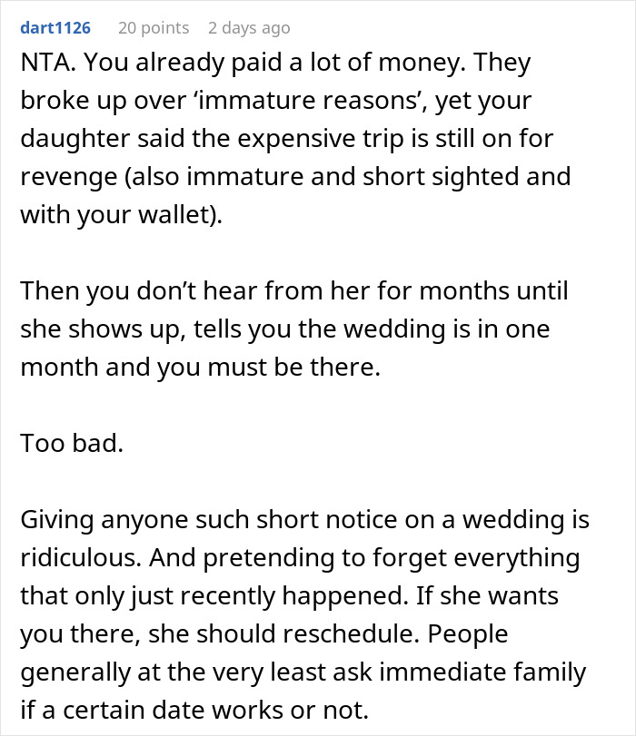 Comment discussing man shelling out $22,500 for daughter&rsquo;s failed wedding and skipping his own event to hang out with friends.