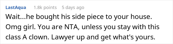 Comment about man demanding divorce from fat and lazy wife after he loses his job in online discussion thread. Comment about man demanding divorce from fat and lazy wife after he loses his job in online discussion thread.