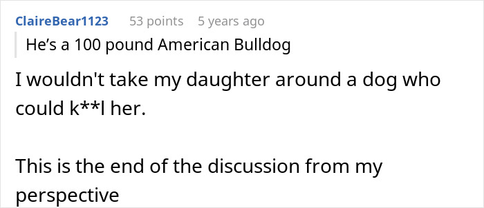 Comment discussing a 100-pound American Bulldog labeled too dangerous to be around kids after attacking a stalker. Comment discussing a 100-pound American Bulldog labeled too dangerous to be around kids after attacking a stalker.