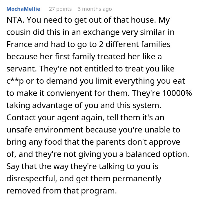 Comment discussing American family houses restricting food access for 19-year-old nanny from abroad in a harmful environment.