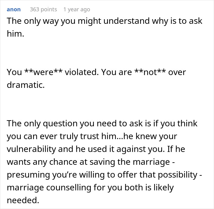 Comment discussing a claustrophobic woman left distressed and sick after her husband&rsquo;s prank crosses the line.