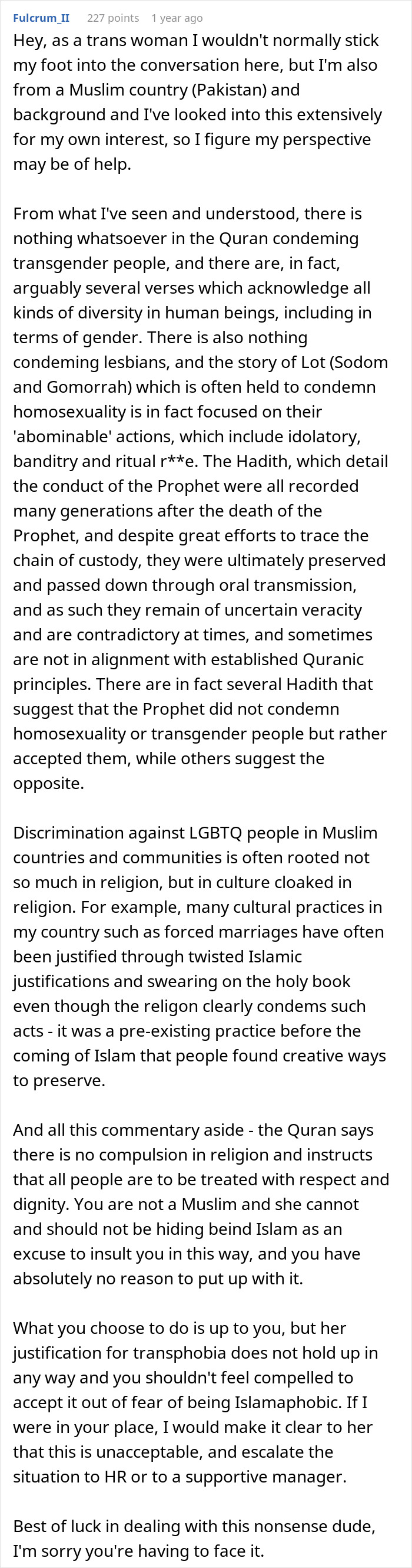 Text discussing coworker misgenders related to Muslim religion, addressing misconceptions and advising escalation to HR or manager.