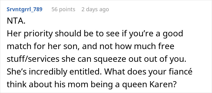 Comment discussing a mother prioritizing marriage match over free salon service entitlement in a family context. Comment discussing a mother prioritizing marriage match over free salon service entitlement in a family context.