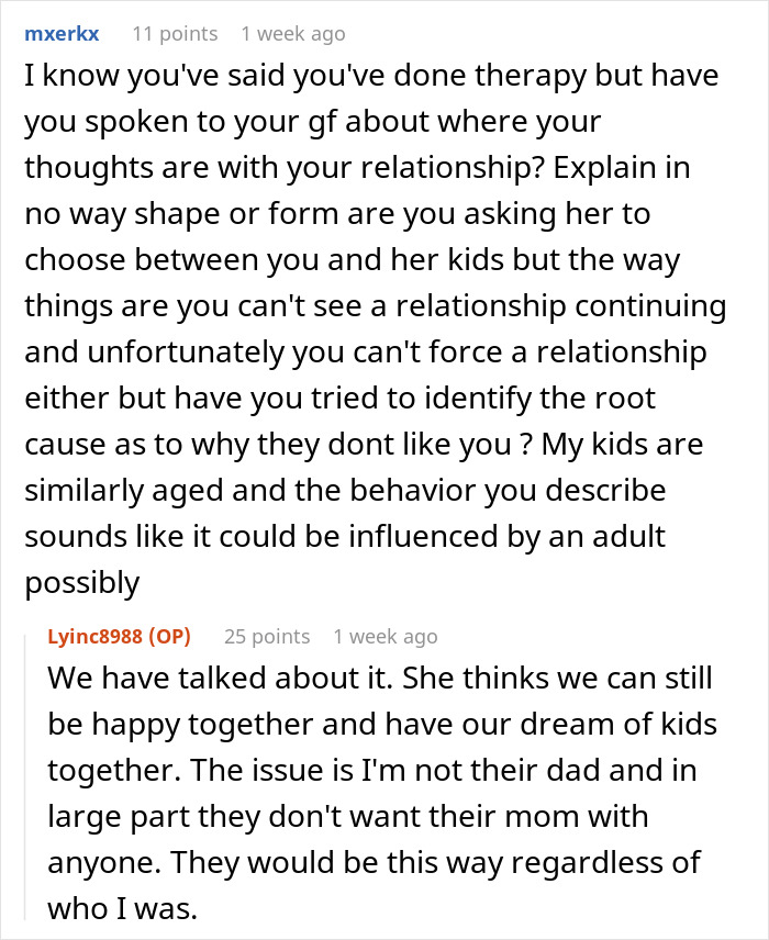 Reddit users discuss a man trying to win over fiancee&rsquo;s kids for years and considering breaking up.