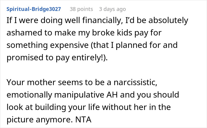 Comment on woman refusing Christmas gift trip if siblings pay for her flight, discussing family and financial boundaries.