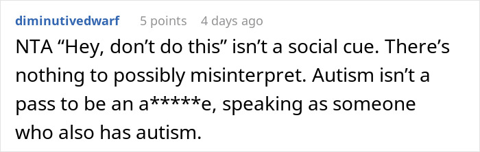 Reddit comment discussing neurodivergent behavior and social boundaries related to grabbing hearing aids.