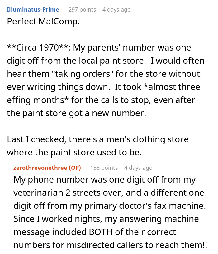 Screenshot of Reddit comments discussing phone number mix-ups with doctors and misdirected calls humorously handled by the owner.
