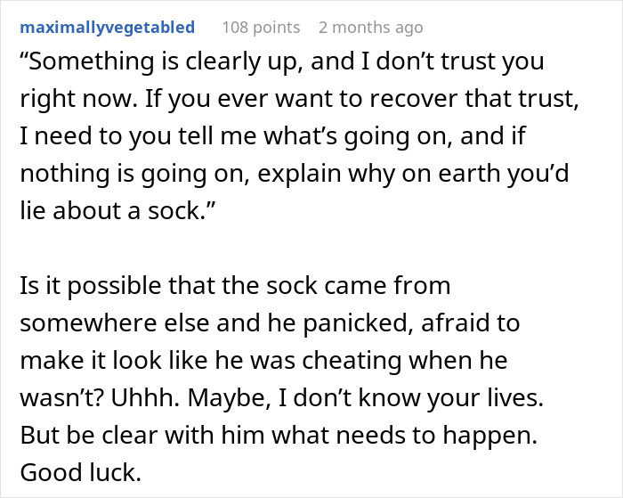 Text excerpt showing a woman questioning her boyfriend about a mysterious sock found at home, revealing trust issues.
