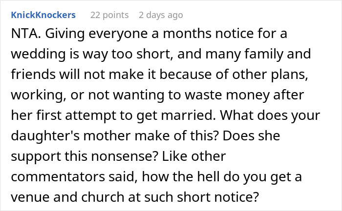 Comment discussing man shelling out money for daughter&rsquo;s failed wedding and skipping real one to hang out with friends.