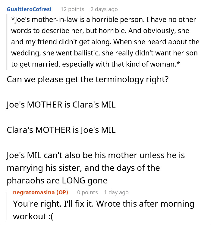Comment thread discussing mother-in-law issues and a wedding conflict involving two drag queens addressing the situation.