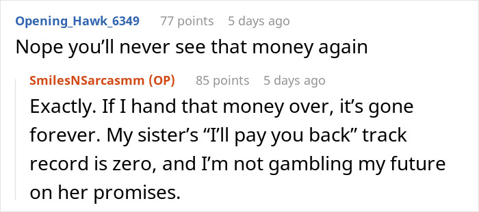 Screenshot of an online discussion about a sister wanting $15k from inheritance for dream wedding and money hoarding accusations. Screenshot of an online discussion about a sister wanting $15k from inheritance for dream wedding and money hoarding accusations.