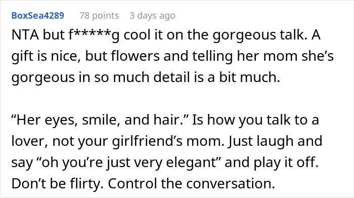 Text showing a Reddit comment advising to avoid flirty compliments to girlfriend&rsquo;s mom to prevent fights and called inappropriate behavior.