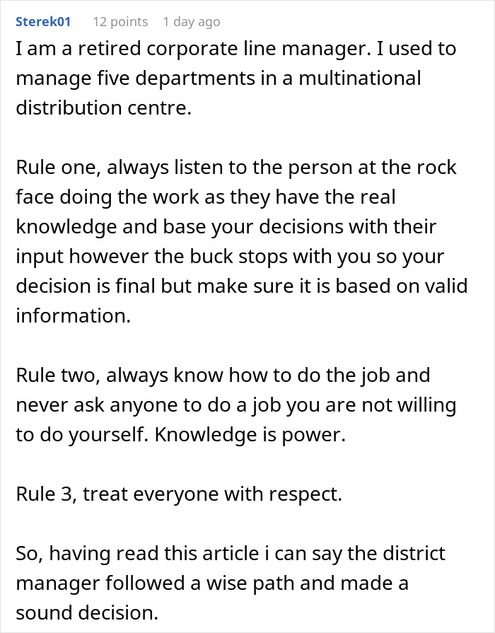 Comment from a retired corporate manager emphasizing knowledge, respect, and decision-making in work management.
