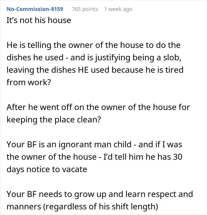 Comment discussing a boyfriend treating a kind roommate like help and ordering chores in a heated online debate.