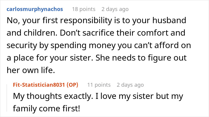 Screenshot of a Reddit conversation discussing family demanding money and prioritizing sister's needs over hers.