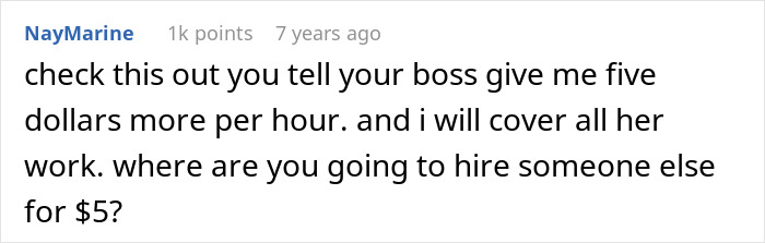 ALT text: Online comment discussing calling an obnoxious coworker&rsquo;s bluff about pay and work responsibilities.
