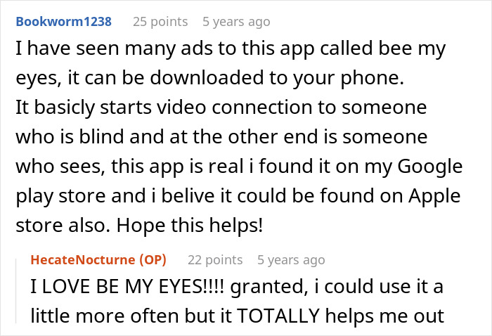 Screenshot of a Reddit conversation discussing the Bee My Eyes app for assisting blind users via video connection.