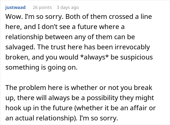 Screenshot of a social media comment discussing trust issues after a twin sister&rsquo;s and fianc&eacute;&rsquo;s secret is revealed.
