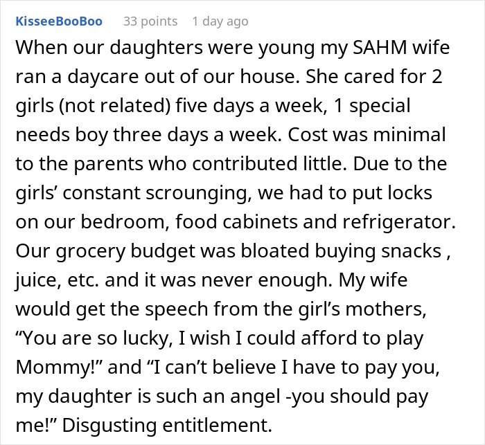 Comment describing a woman running a home daycare and the challenges babysitters face earning a living wage.
