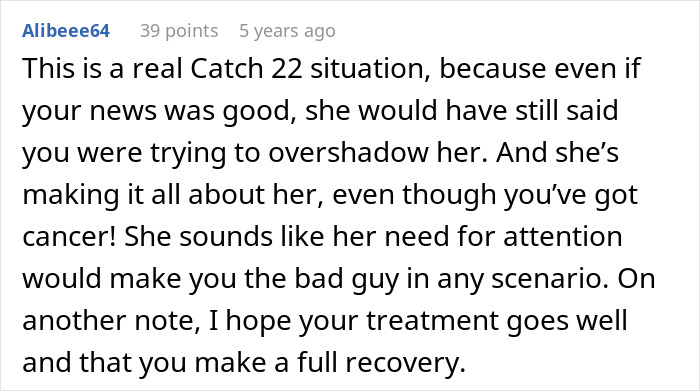 Comment discussing a woman needing family support after devastating news but facing drama from a sister-in-law feeling outshined.