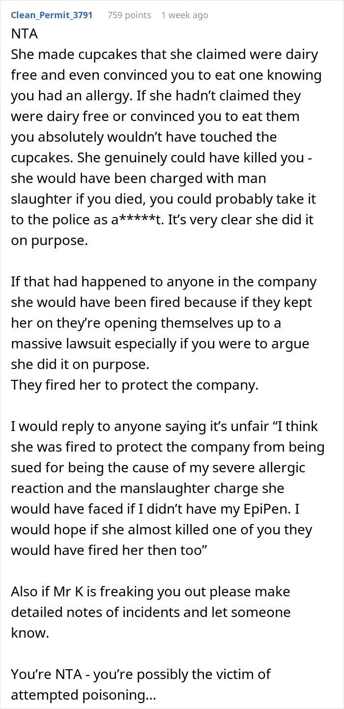 Screenshot of a forum comment discussing an intern&rsquo;s hospitalization after eating cupcakes knowingly containing allergens.