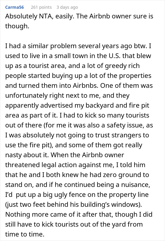 Comment discussing neighbor refusing tourists patio use and Airbnb host upstairs calling it discrimination in a rental dispute.