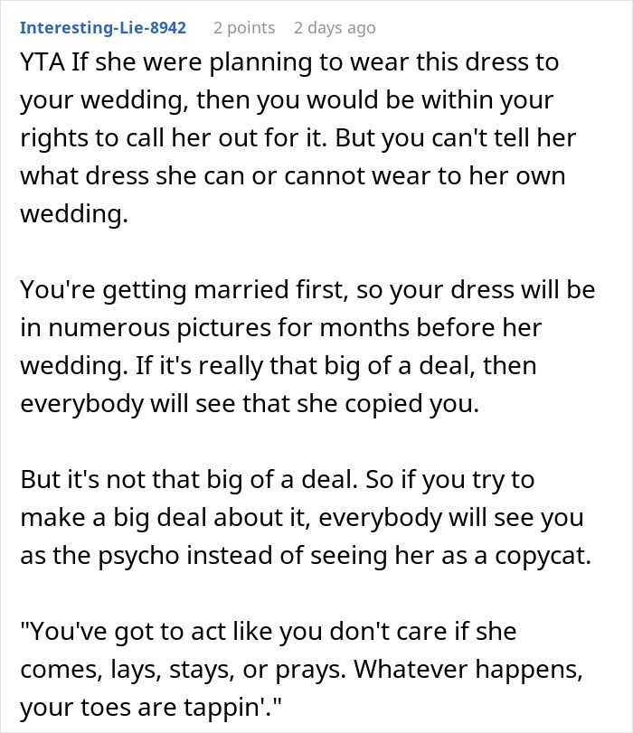 Text post discussing a woman confronting brother&rsquo;s fianc&eacute;e for copying her wedding dress and its social implications.