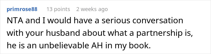 User comment on a forum discussing a man asking his wife&rsquo;s permission to travel alone after her scheduled C-section.