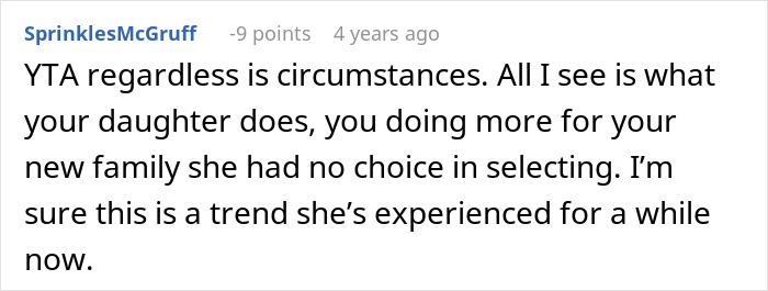 Comment from user SprinklesMcGruff discussing a father-daughter conflict involving marriage and family choices online.