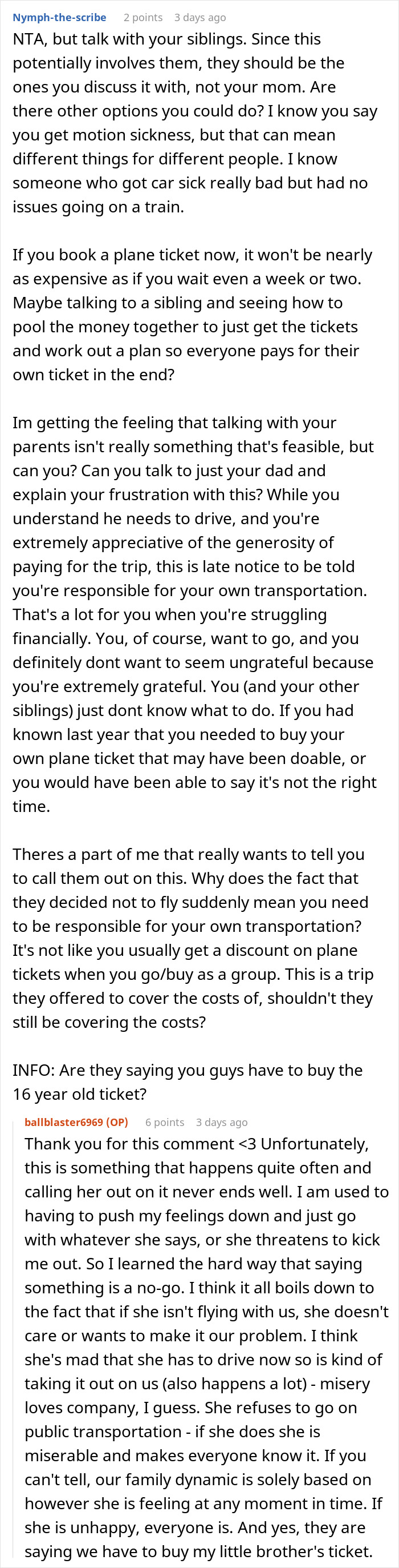 Woman refuses to go on Christmas gift trip if siblings must pay for her flight, causing family travel conflict and financial strain.