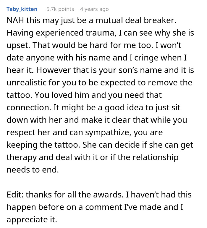 Man discussing tattoo of late son&rsquo;s name while girlfriend expresses it&rsquo;s an emotional trigger causing tension.