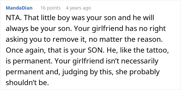 Comment discussing refusal to remove tattoo of late son's name despite girlfriend finding it a trigger.