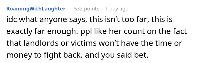 Screenshot of a Reddit comment discussing a woman who quits paying rent and damages an apartment, landlord&rsquo;s revenge website.