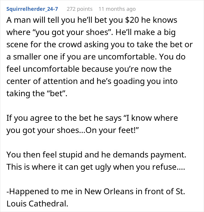 Man describing a common tourist trap scam involving a bet to trick visitors near famous landmarks.