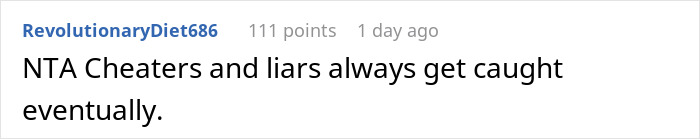 Comment on Reddit stating cheaters and liars always get caught, related to in-laws thinking man divorces daughter due to her weight.