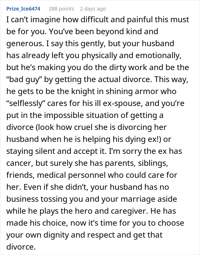 Woman questions her marriage after husband leaves to care for his terminally ill ex-wife, feeling abandoned and conflicted