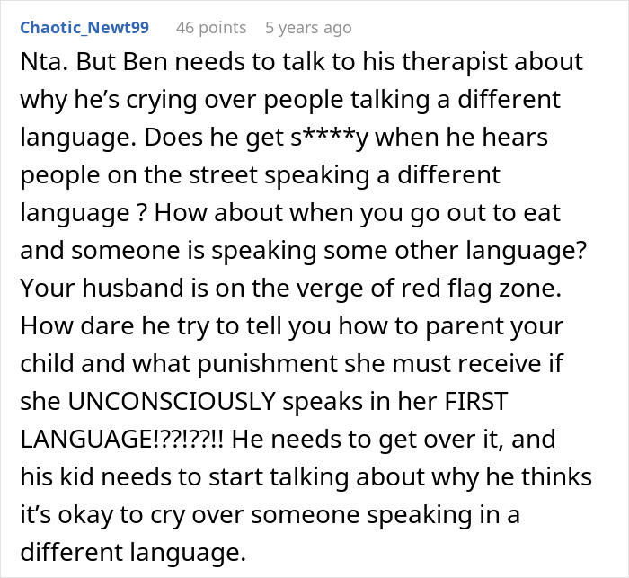 Comment discussing stepdad suggesting punishment for kid using native language son can't understand, with mom horrified reaction.