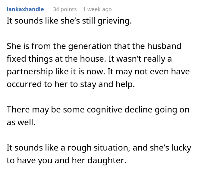 Comment discussing grief and generational roles in home repairs amid a rough sewage disaster situation at home.